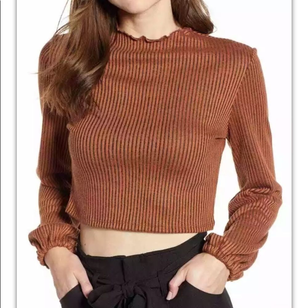 Mimi chica puff sleeve rib crop brown top Size Large 8953 Pullover Casual - Picture 1 of 11